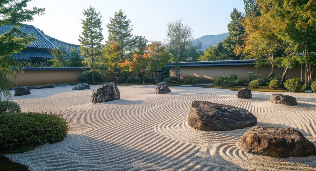 Zen garden at Ryoanji Temple in Kyoto surrounded by trees