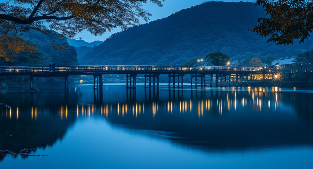 Moonlit view of Togetsukyo Bridge over Katsura River