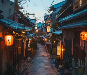 Lantern-lit Pontocho Alley in Kyoto at dusk