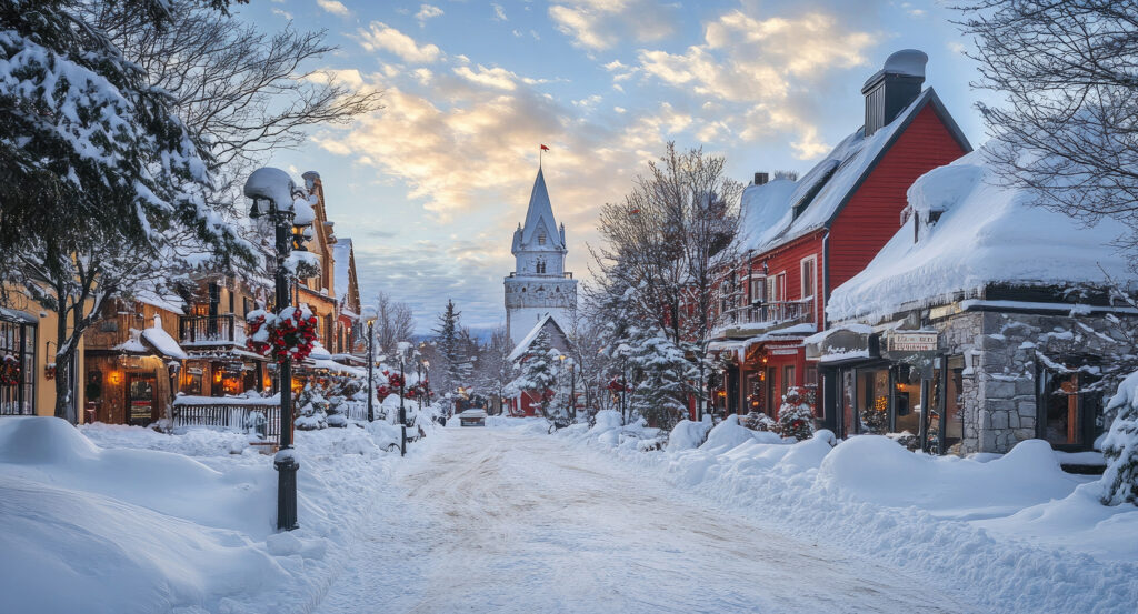 Mont-Tremblant Ski Resort village lit up in winter with snow and mountain backdrop