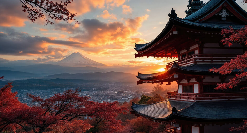 Kyoto’s Toji Temple pagoda framed by autumn leaves