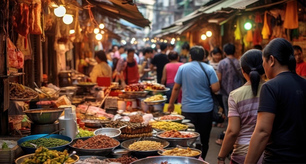Crowded Bangkok street market lined with food stalls, vibrant dishes, and hanging lights, bustling with locals and tourists.
