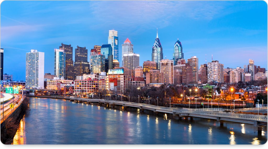 Boutique hotel room in Philadelphia with modern decor and city views