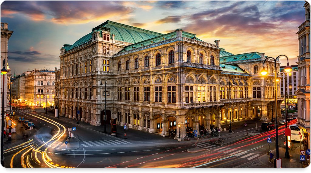 Elegant Viennese coffee house with chandeliers and marble tables