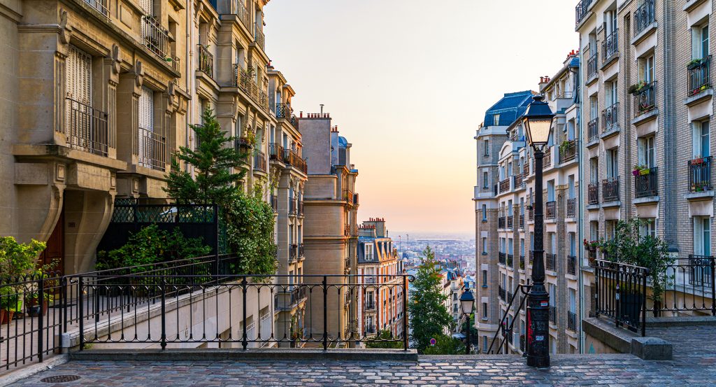 Romantic Parisian architecture and evening skyline in Montmartre