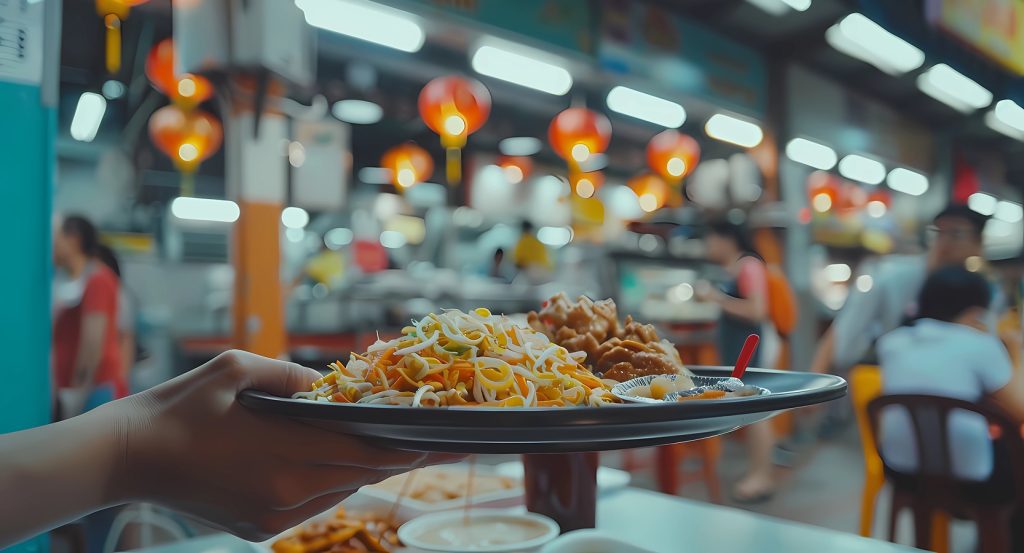 Close-up of Hainanese chicken rice served at a popular Singapore hawker stall