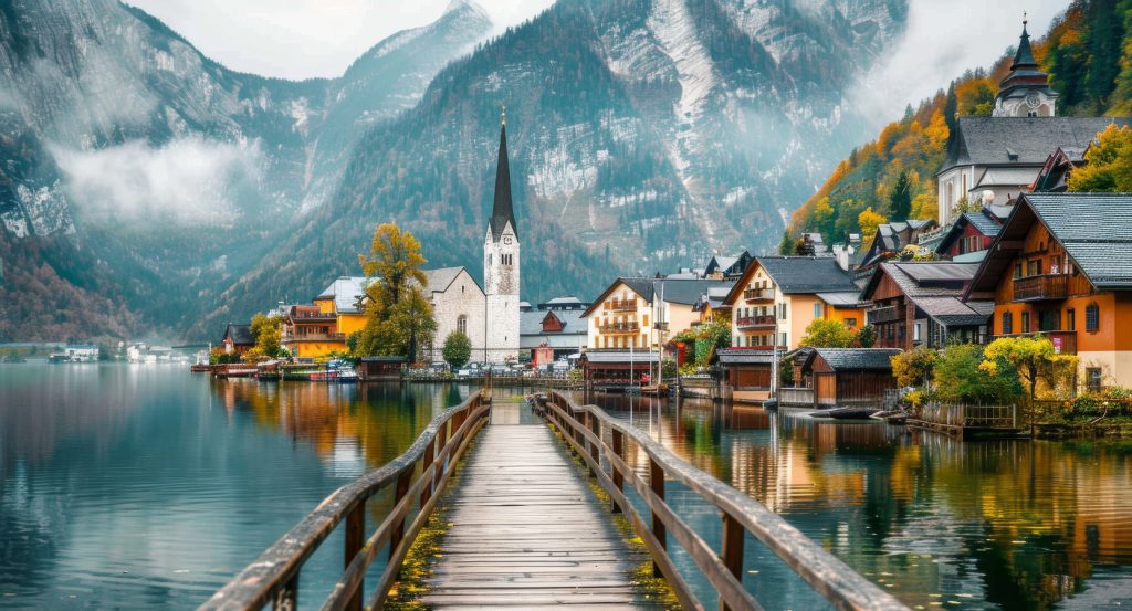 Wooden bridge leading to a fairytale town in Austria, surrounded by lake and mountains