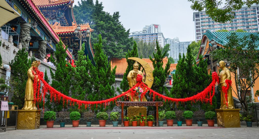 Red love wish ribbons hanging at Wong Tai Sin Temple