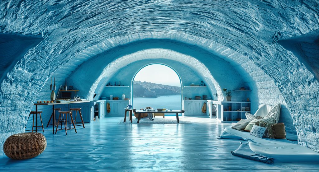 Frost-covered interior of an ice castle hotel lit with soft ambient lighting
