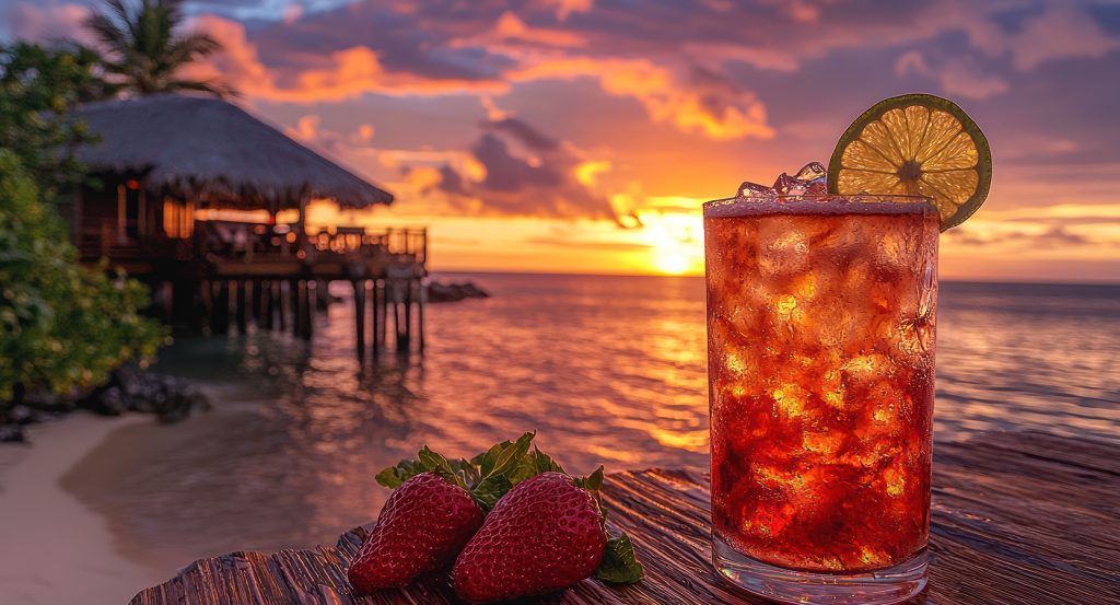 Strawberry cocktail on the beach at sunset in the Maldives