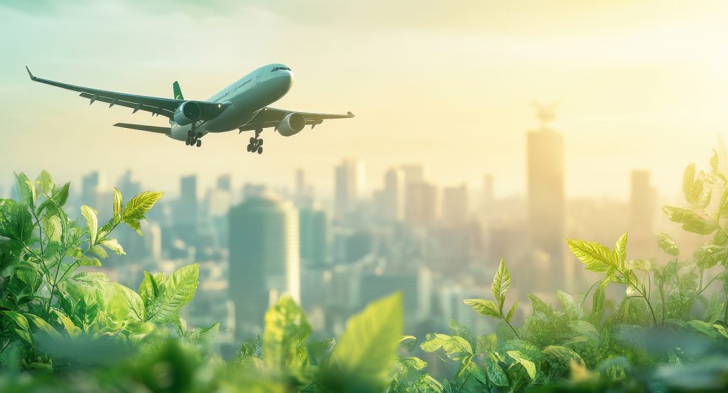 Plane above a modern cityscape with lush green vegetation below