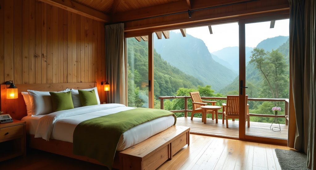 Wooden cabin-style room with green bedding and panoramic mountain backdrop
