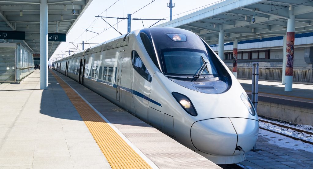 Modern high-speed train in Japan representing seamless public transit with Suica card