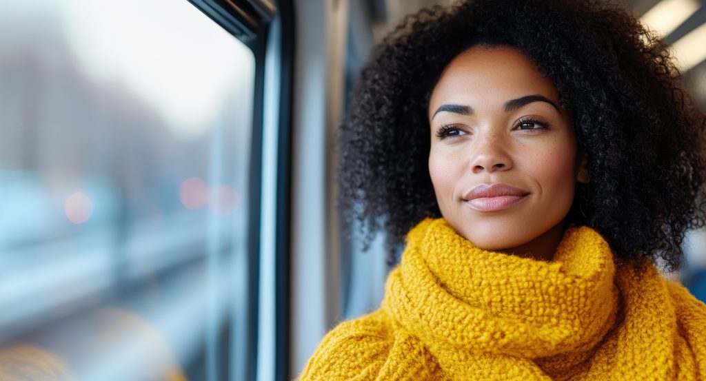 Traveler reflecting while gazing through train window during journey