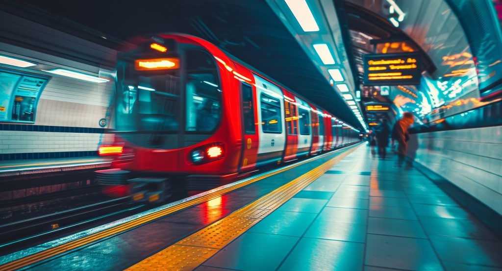 Blurred Tube train arriving on a London platform with passengers using Oyster cards for access