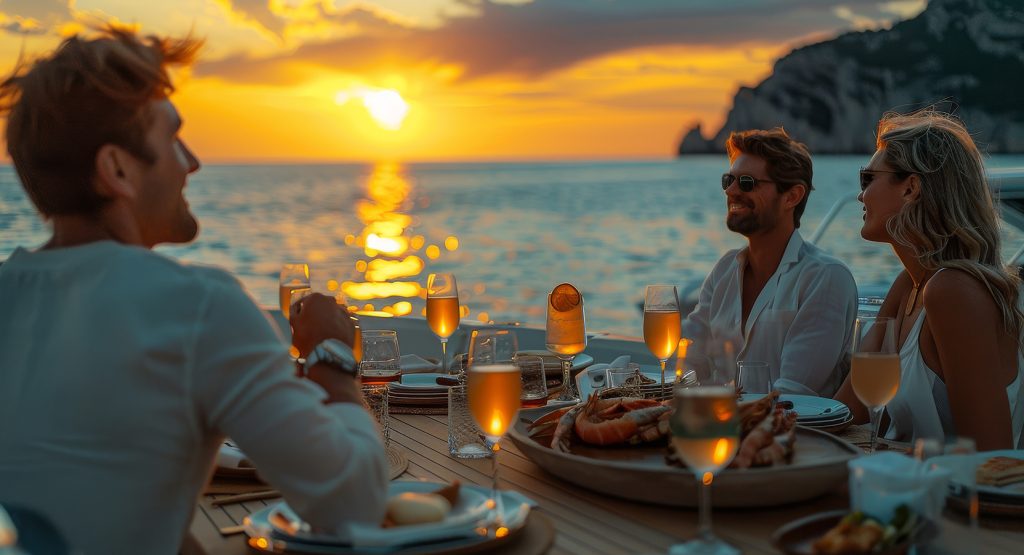 Daytime yacht party with group of women dining and toasting on the ocean