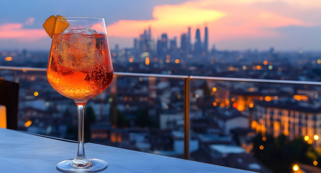 Rooftop cocktail hour with city skyline views in Milan, Italy