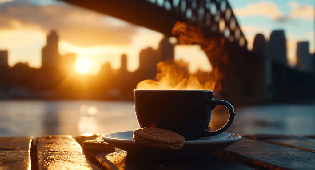 Warm morning coffee with city skyline and bridge in the background