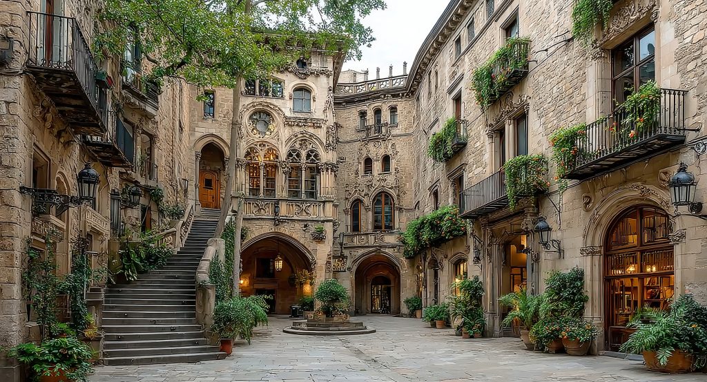 Secluded staircase and lush potted plants in a historic Barcelona building.
