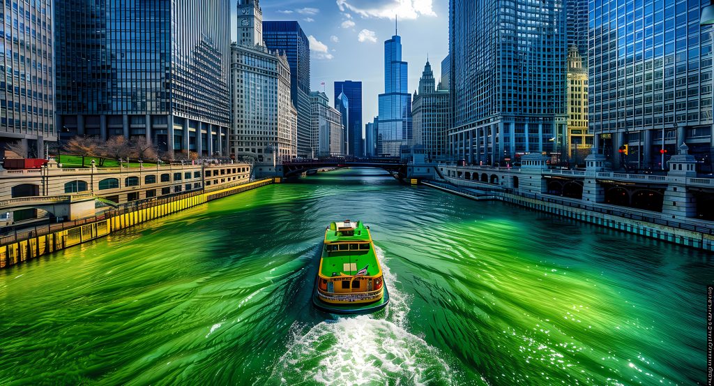 Skyscrapers reflecting over a green Chicago River during annual celebration