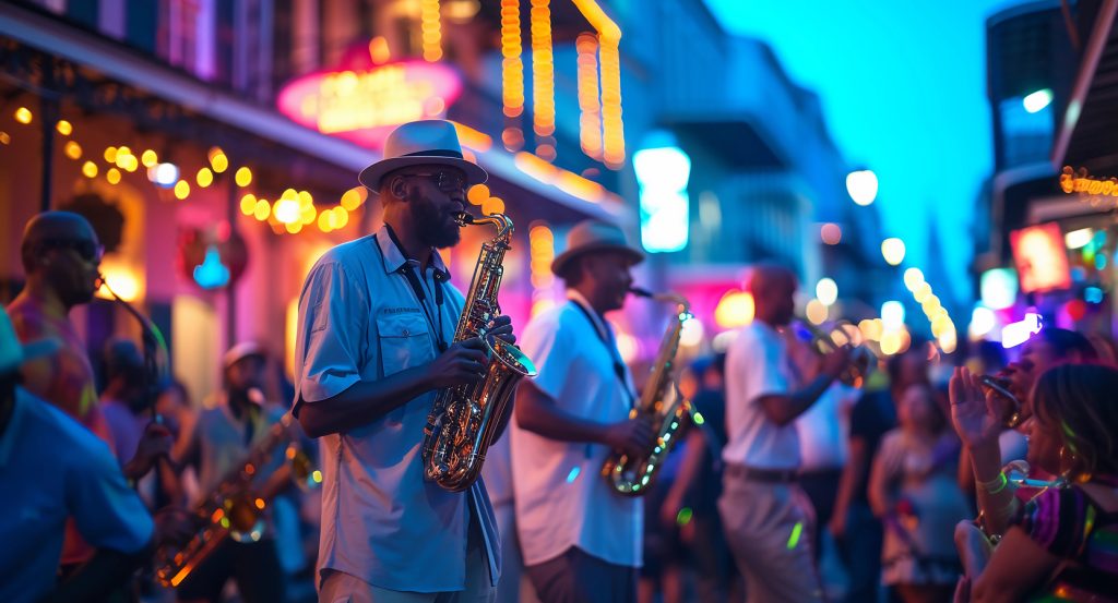 Street musicians and crowd enjoying live music in New Orleans’ French Quarter
