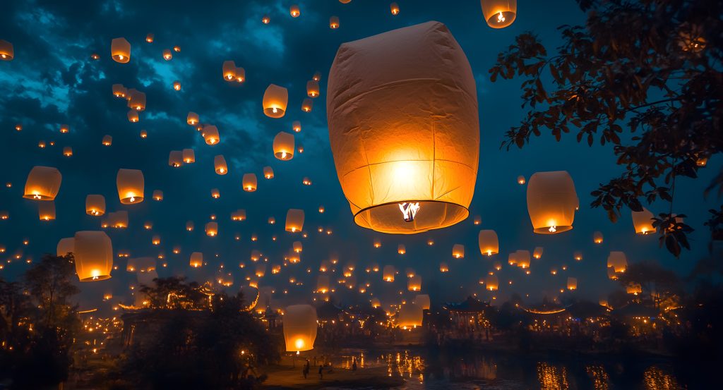 Traditional Thai lanterns illuminating the sky in Chiang Mai’s annual celebration