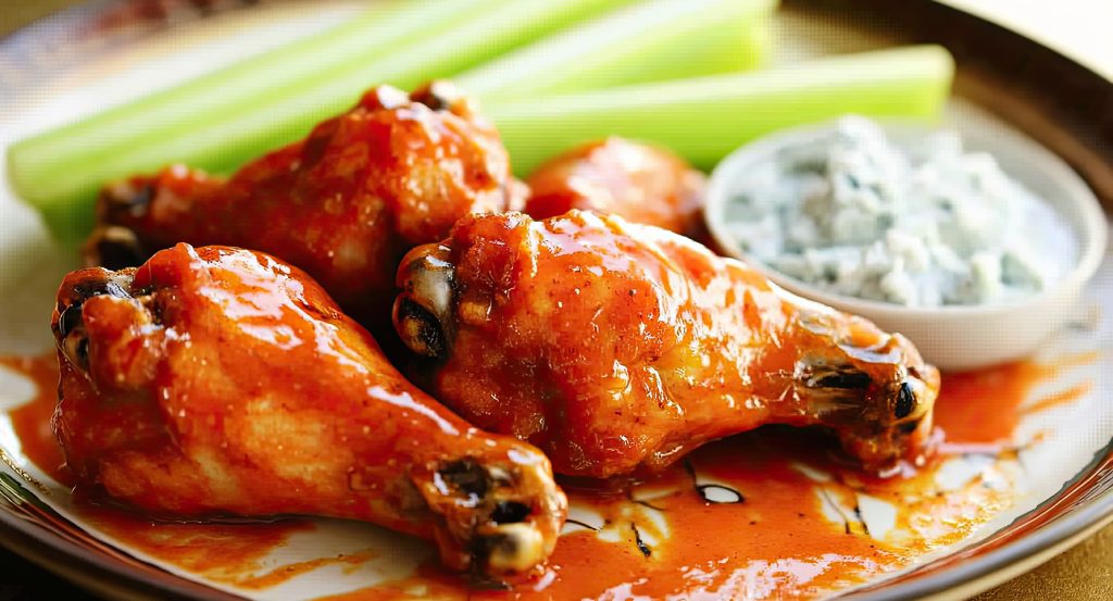 Close-up of saucy buffalo wings served with creamy dressing and fresh celery