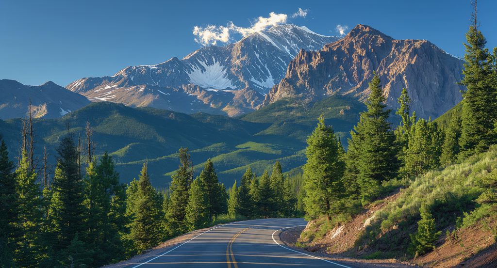 Majestic red rock formations of Garden of the Gods with blue sky and mountain backdrop.