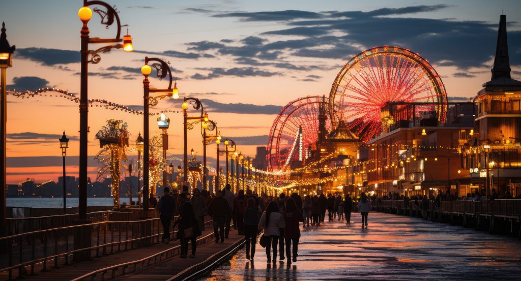 Coney Island lit up at dusk with carnival rides and glowing reflections along the shoreline promenade.