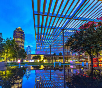 Modern urban plaza and skyline views in Uptown Dallas