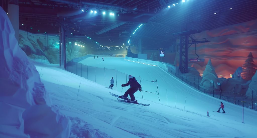 Snowboarders navigating snowy terrain inside Ski Dubai, surrounded by surreal lighting and arctic-themed walls.