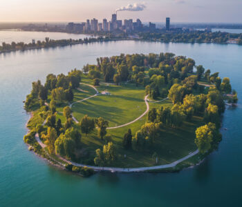 Aerial view of Belle Isle surrounded by blue water with Detroit’s skyline in the distance.