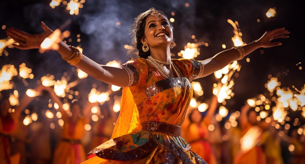 Women in vibrant saris celebrating under fireworks and lights at a cultural festival in Mumbai, India.