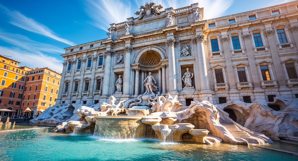 Sculpted marble figures of the Trevi Fountain in Rome, Italy