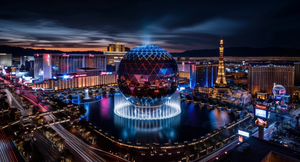 Futuristic view of Las Vegas skyline with illuminated entertainment dome
