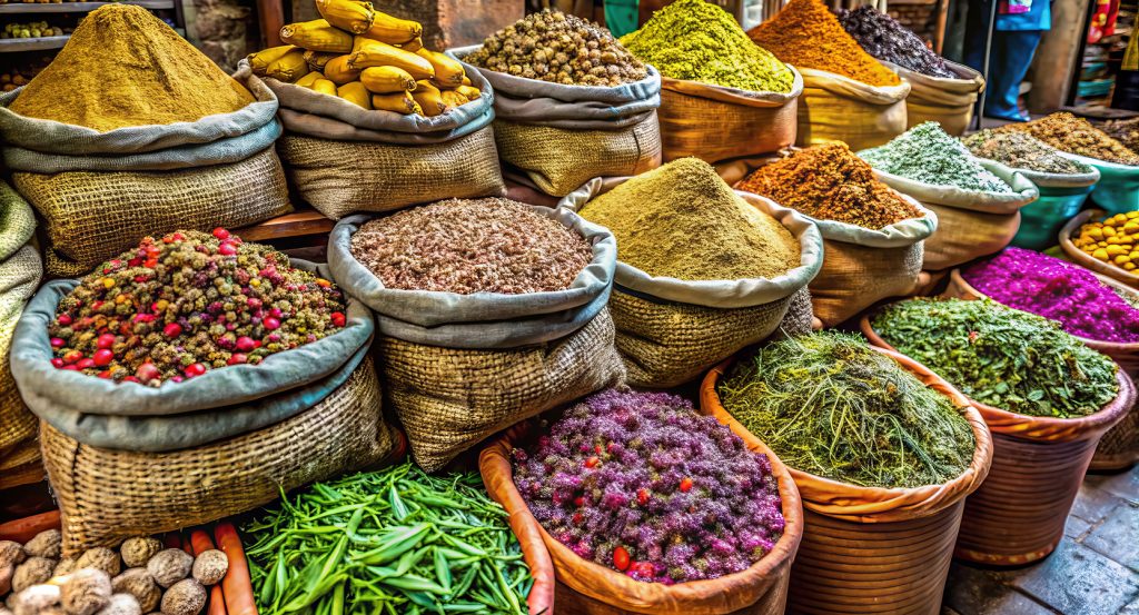 Vibrant spice display in the bustling markets of Old Delhi
