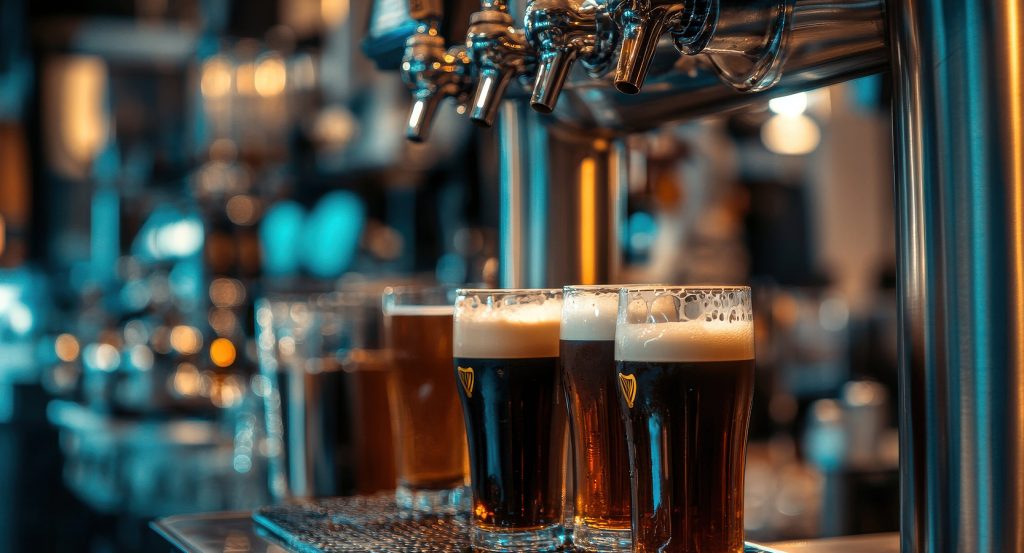 Foamy stouts and lagers lined up under chrome taps in Ireland