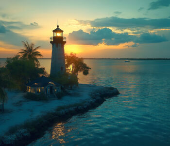 Key West lighthouse at sunset overlooking calm coastal waters