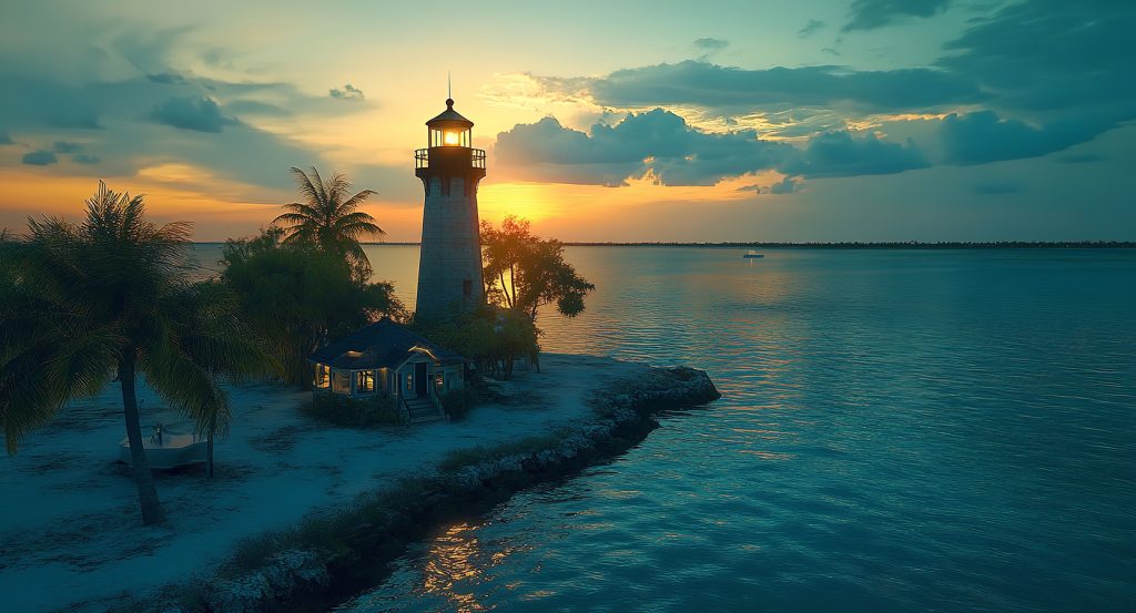 Evening light reflects off calm coastal waters near a palm-lined shoreline in Key West.