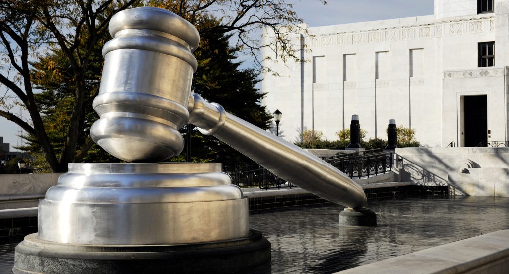 Sculpture of the world’s largest gavel displayed in downtown Columbus, Ohio, symbolizing justice.