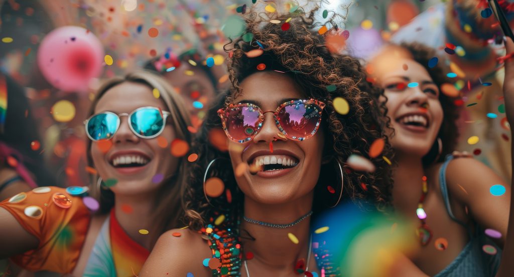 Joyful pride celebration with confetti and friends in Mykonos, Greece