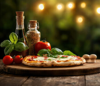 Authentic Margherita pizza on wooden table in Naples, Italy