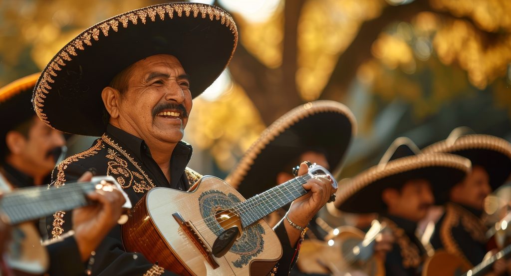 Mariachi band strumming guitars in harmony beneath the warm trees of Guadalajara’s cultural plazas.