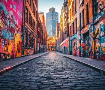 Colorful graffiti-lined alley in Melbourne leading toward modern city skyscraper in the distance.
