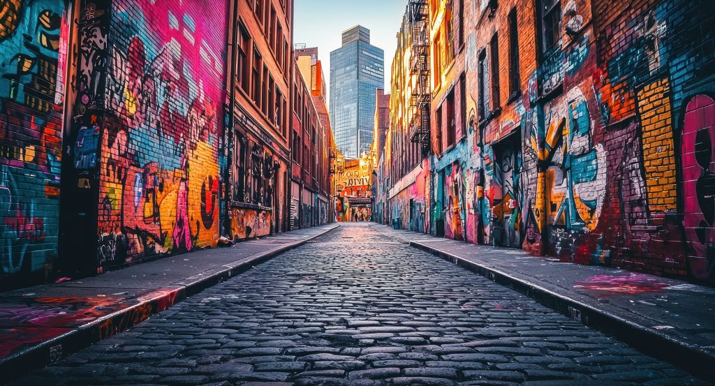Cobbled alleyway in Hosier Lane surrounded by urban street art with a city skyscraper in view.
