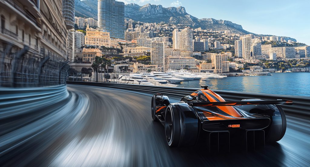 Luxury racing scene in Monaco with skyscrapers and yachts in the backdrop