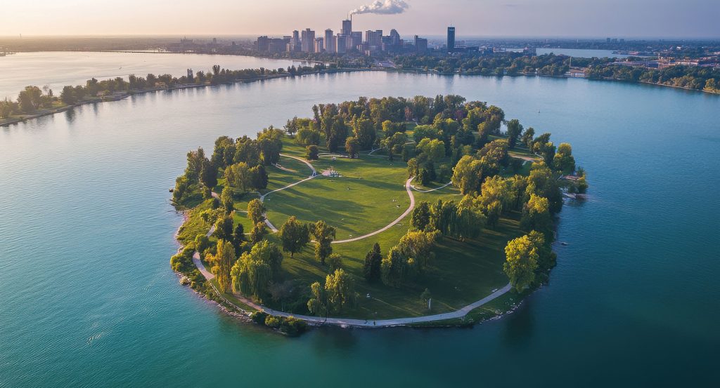 Detroit’s Belle Isle framed by tranquil blue waters, with downtown skyscrapers rising in the distance.