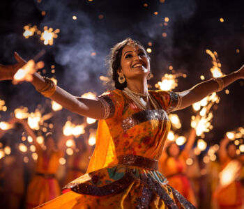 A joyful dancer in colorful traditional attire performs during a nighttime festival in Mumbai, surrounded by sparklers.