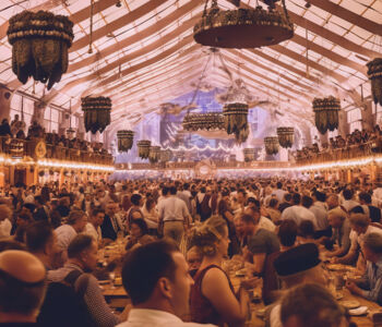 Crowded Oktoberfest beer hall in Munich filled with long tables and hanging decorations.