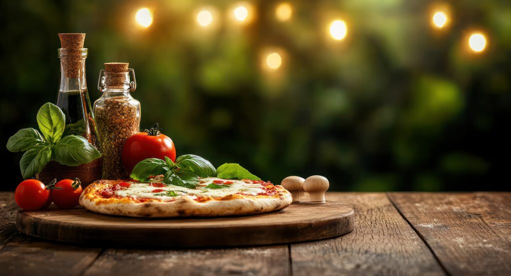 Fresh Neapolitan pizza with basil, tomatoes, and olive oil outdoors